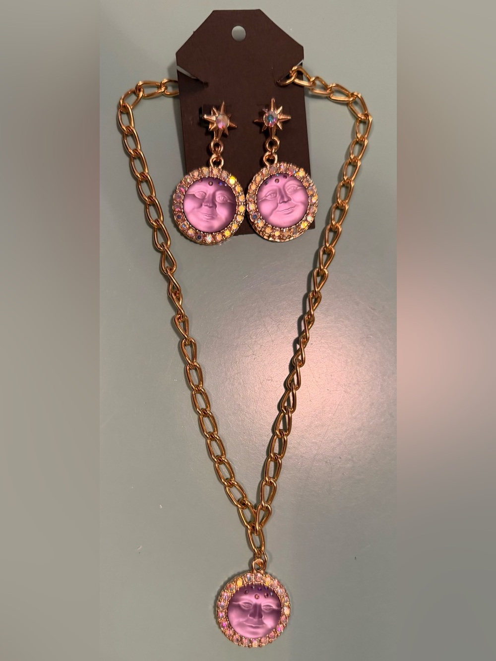 Gold Tone Purple Moon Face Pendant Necklace and Matching Earrings
